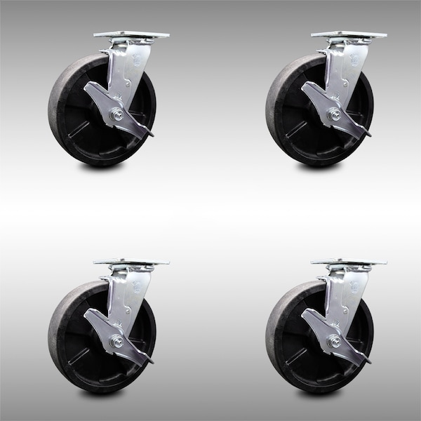 8 Inch SS Glass Filled Nylon Swivel Caster Set with Ball Bearings and Brakes SCC